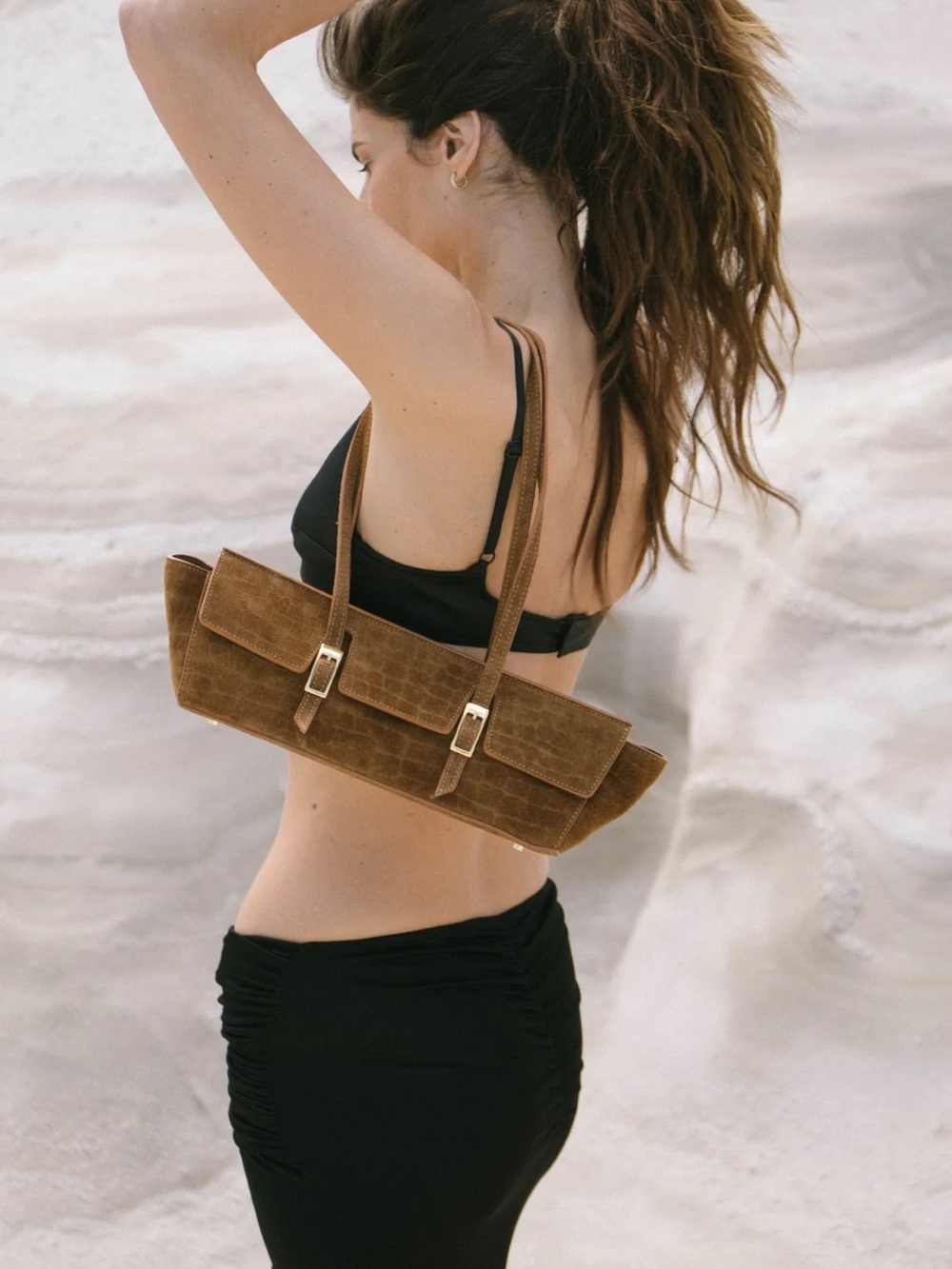 Caramel cognac Croc-Embossed Shoulder Bag East West